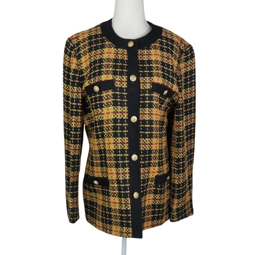 Vintage 90s Saville Yellow and Black Plaid Collarless Blazer Jacket 10